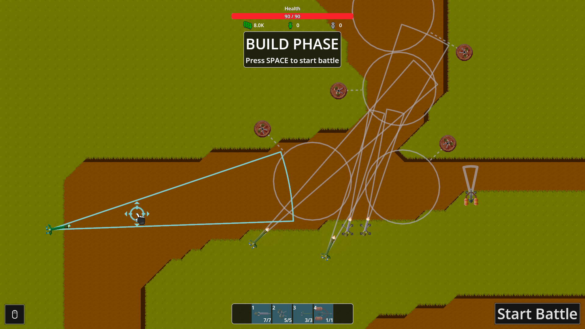 Build phase showing tower ranges and firing lines across a lane