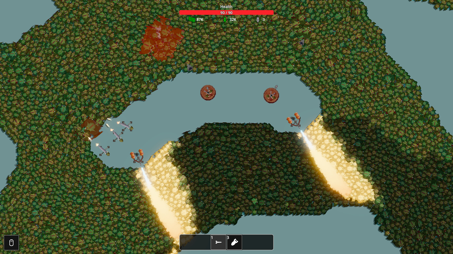 A dense orc horde surrounding a defended path